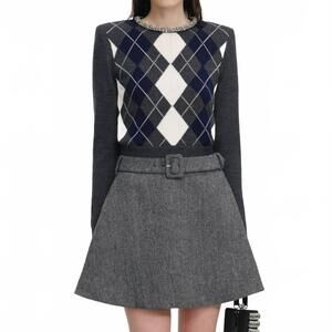 NEW SELF-PORTRAIT argyle crystal trim jumper in grey